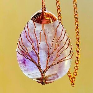 💜 Large Amethyst Copper wrapped Tree of Life Pendant